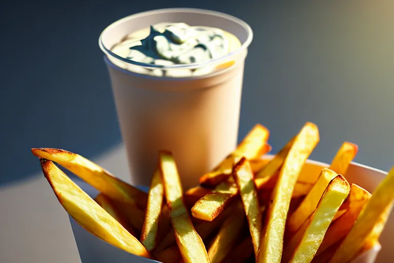 Prompt: best fries, best mayonnaise, best weather, best light, best drink. super realistic 8 k render of a elegant