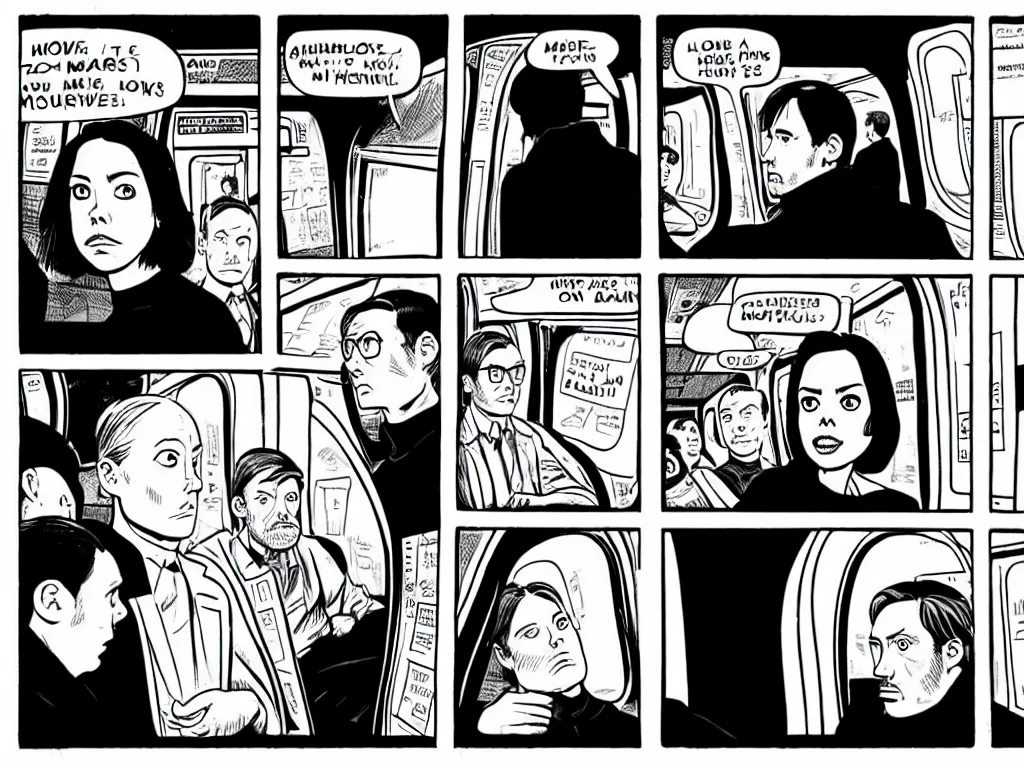 Prompt: a detailed comic panel by Daniel Clowes, 3/4 low angle view shot of two people sitting in an empty Chicago subway train, in front of windows: a sad Aubrey Plaza in a parka and a friendly Mads Mikkelsen in a suit