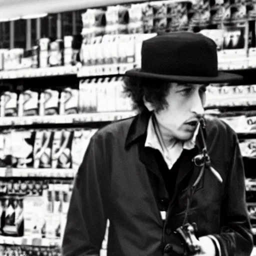 Prompt: bob dylan pointing a gun at a convenience store cashier, security camera footage