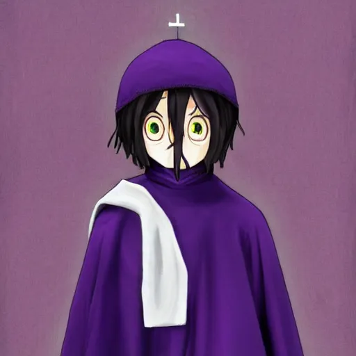 Prompt: little boy wearing nun outfit. purple and black color palate, detailed soft painting, made in abyss art style, inspired in hirohiko araki, anatomically correct