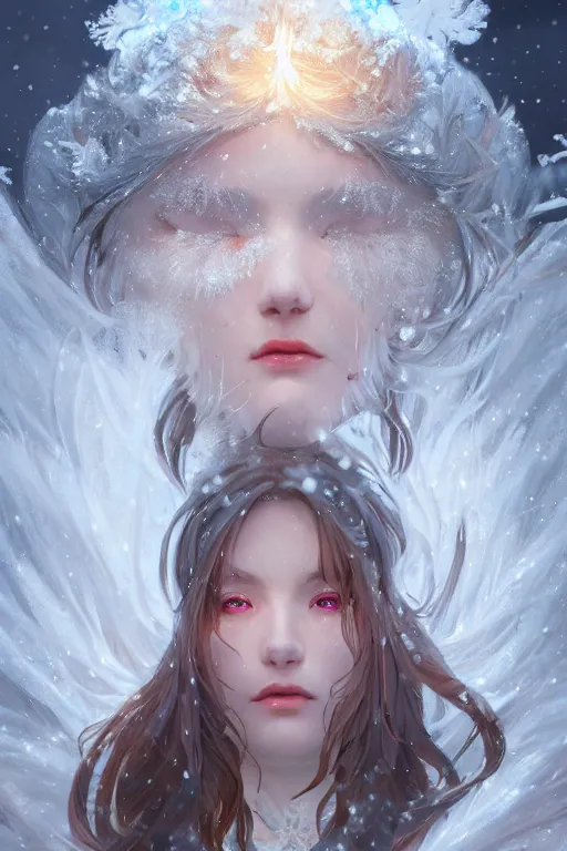 Prompt: beautiful ancient frost witch, eye fire, snow glow, snowfall, highly detailed, digital painting, artstation, sharp focus, illustration, art by tan zi and ayanamikodon and alphonse mucha and wlop