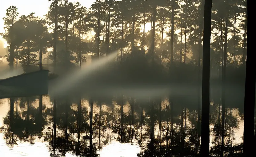 Image similar to augusta national, the masters, nr. 1 2, completely flooded, beautiful ambient light, stunning photography, fog, light rays