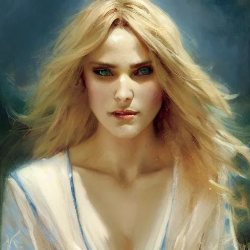 Image similar to detailed cinematic wide shot of beautiful attractive blonde vampire woman slim face symettrical face clean skin blue eyes black robe smooth, sharp focus, ultra realistic, spring light, painting by gaston bussiere, craig mullins, j. c. leyendecker