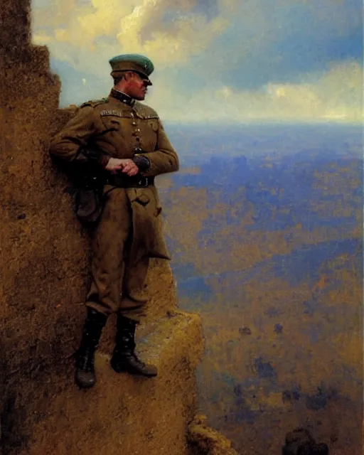 Image similar to muscular, rugged german soldier watches the horizon from on top of a castle wall, painting by gaston bussiere, craig mullins, j. c. leyendecker