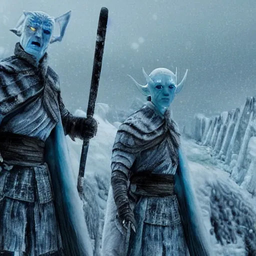 Image similar to White Walkers roam beyond the wall on a snowy night approaching The Wall, detailed, realistic, intricate, award winning photo in the style of Avatar The Last Airbender