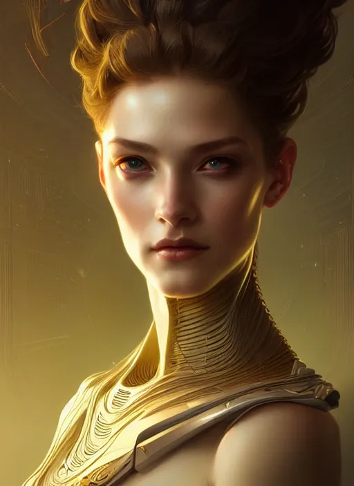 Prompt: portrait of female android, intricate, elegant, highly detailed, digital painting, artstation, concept art, smooth, sharp focus, illustration, art by artgerm and greg rutkowski and alphonse mucha