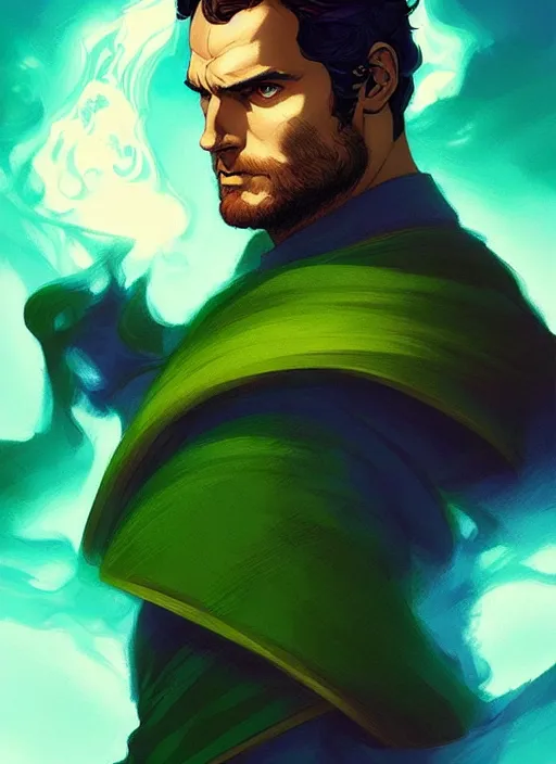 Image similar to style artgerm, joshua middleton, illustration, henry cavill as a warrior monk wearing green pelt light armor, blue hair, swirling water cosmos, fantasy, dnd, cinematic lighting
