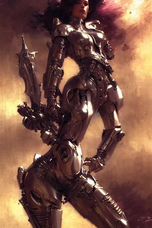 Image similar to futuristic women with medieval armor cyborg fighting dynamic poses, holding a gunsword, detail, beautifull face, no blur, painting by gaston bussiere, craig mullins, greg rutkowski, yoji shinkawa, sorayama