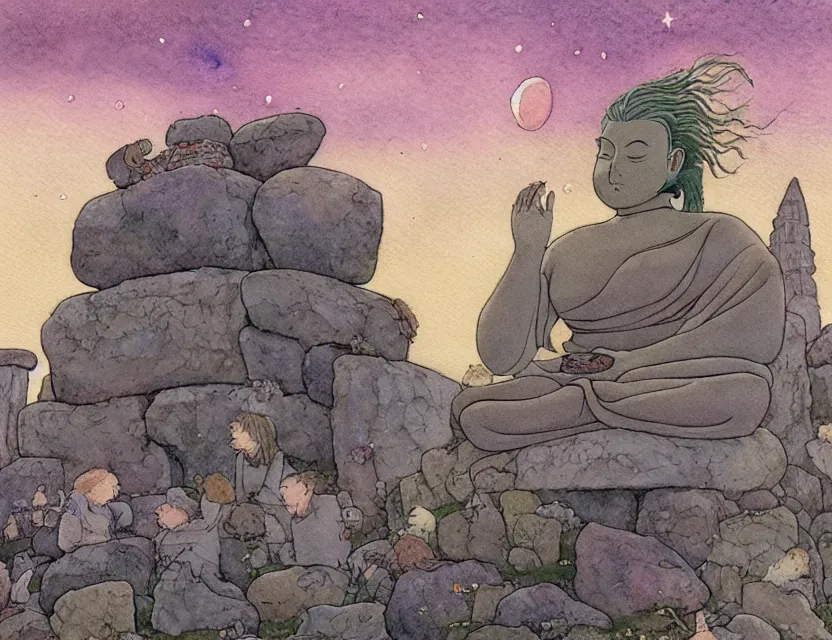 Image similar to a hyperrealist studio ghibli watercolor fantasy concept art of a giant long haired grey buddha in lotus position sitting on top of the stones of stonehenge with a starry sky in the background. a ufo is in the sky. by rebecca guay, michael kaluta, charles vess