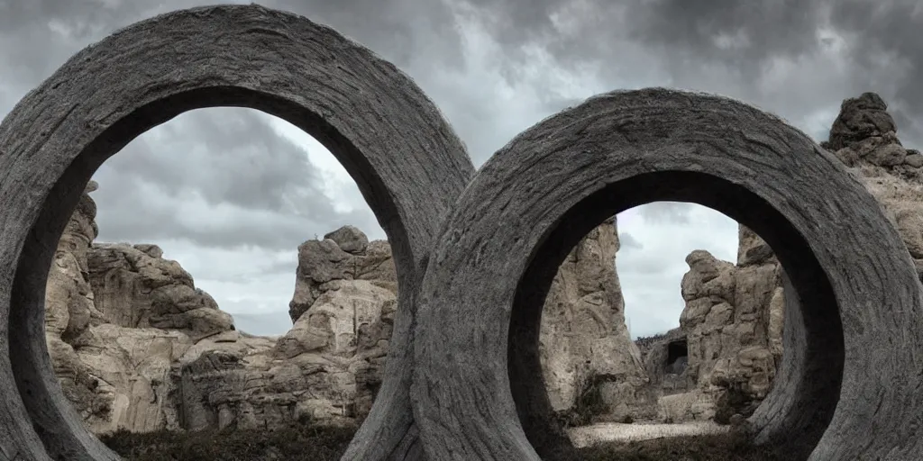 Prompt: stargate made of stone that form a circle, cinematic view, epic sky + highly detailed