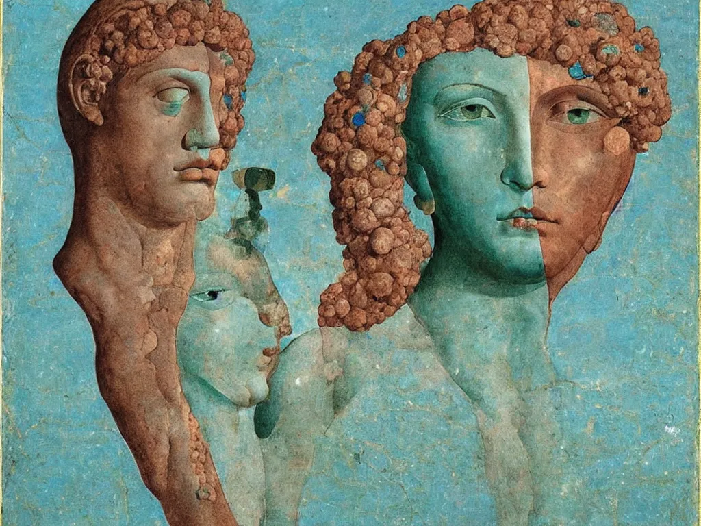 Image similar to marble greek sculpture head of the god of the cosmic horror with inlaid crystal eye. lapis - lazuli, turquoise, malachite, cinnabar, earth brown. painting by piero della francesca, balthus, agnes pelton