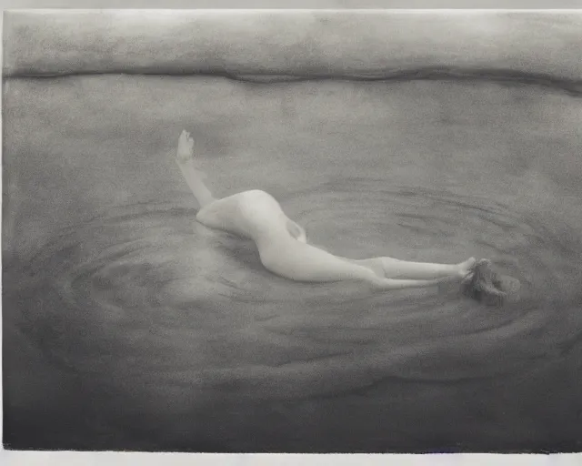 Prompt: a dreamy black and white photo of a person in the water, a surrealist painting by Nell Dorr, land art, surrealist, charcoal drawing, demonic photograph