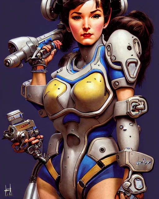 Image similar to d. va from overwatch, heavey metal magazine cover, character portrait, portrait, close up, concept art, intricate details, highly detailed, in the style of frank frazetta, esteban maroto, richard corben, pepe moreno, matt howarth, stefano tamburini, tanino liberatore, luis royo and alex ebel