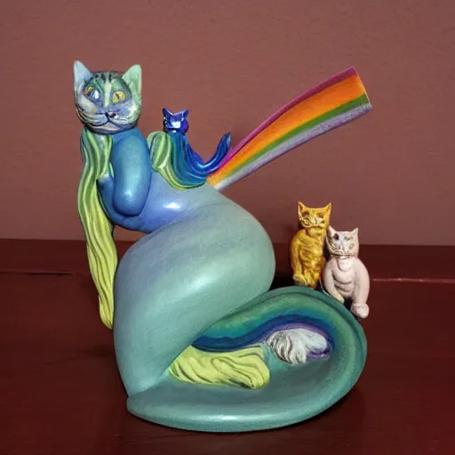 Image similar to clay model statue flowing rainbow cat by susan herbert and hiroshige ii and theophile steinlen and louis wain and min zhen and arthur rackham and pierre bonnard and bonnie mclean and wes wilson, 8 k, artstation