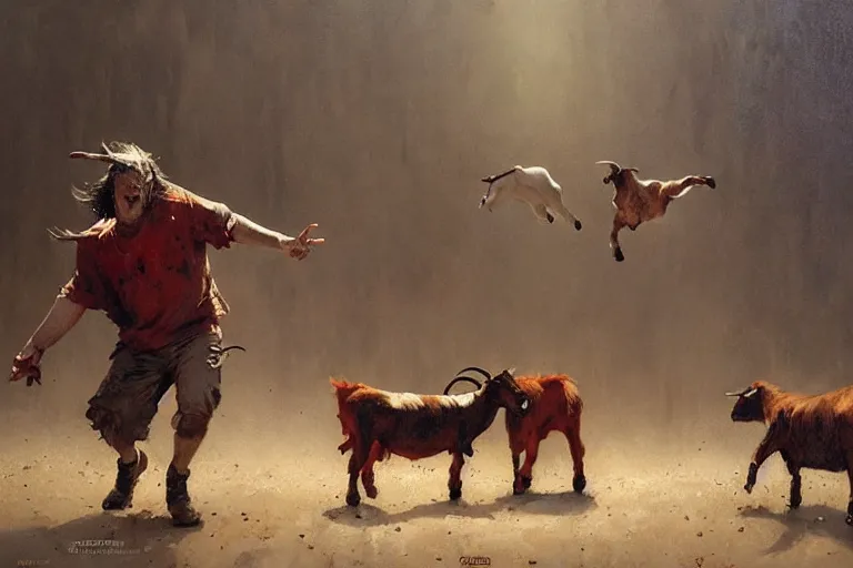 Prompt: madman dancing with goats by greg rutkowski, detailed oil painting masterpiece