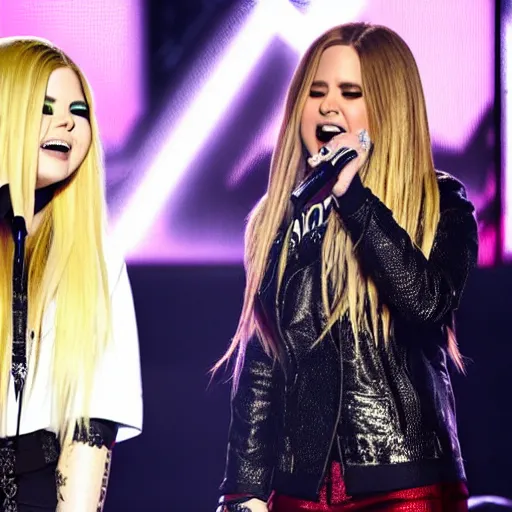 Image similar to Avril Lavigne and Demi Lovato preforming live on stage at the Grammys, high quality, HD, 4k, 8k