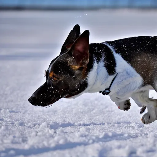 Image similar to detailed picture of a dog playing in the snow dressed as a fish 8 k