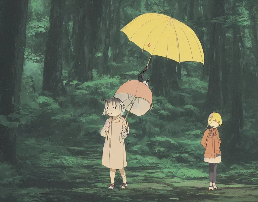 Image similar to A female Retzling with short blond air, standing with Totoro at a japanese bus stop, holding an umbrella, in the dark forest, rainy night, film screenshot, Studio Ghibli, Hayao Miyazaki,trending on artstation, —TEST