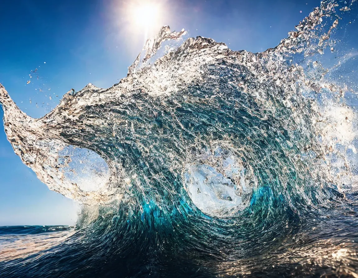 Prompt: high - speed extreme close - up photography through the perfect curl of a breaking ocean wave catching the sunlight, water spray, blue sky