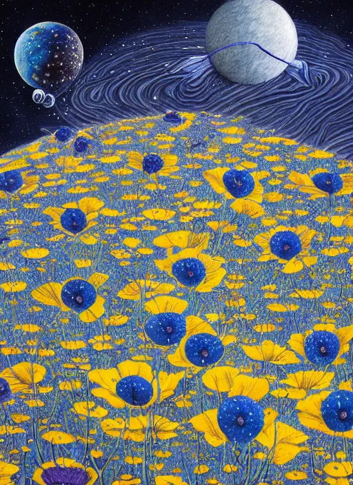 Image similar to detailed, intricate blue black and purple papaverum flower on the field, nebula, galaxy in the sky, winning award masterpiece, fantastically beautiful, illustration, aestheticly inspired, jacek yerka, upscale with anguissola sofonisba work, artstation, 8 k