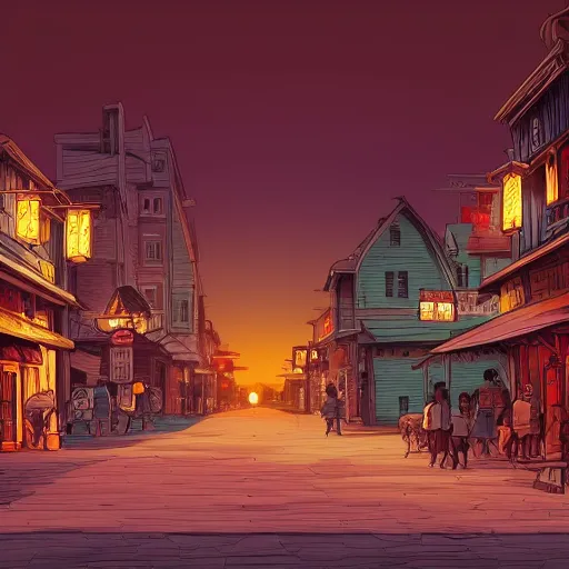 Image similar to a western town at sunset illustration of a picture of a western town at sunset royalty, a digital rendering by Studio Ghibli, shutterstock contest winner, ashcan school, 2d game art, playstation 5 screenshot, matte drawing