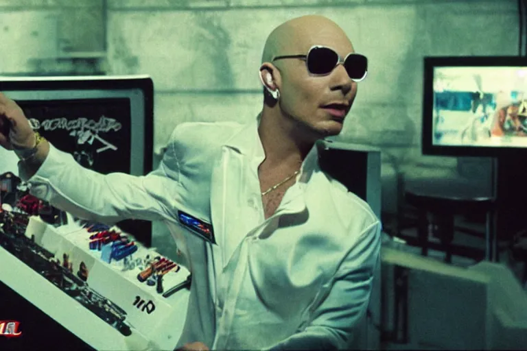 Image similar to pitbull playing a pitbull themed pinball machine in 1 9 8 5, y 2 k cybercore, industrial low - light photography, still from a kiyoshi kurosawa movie