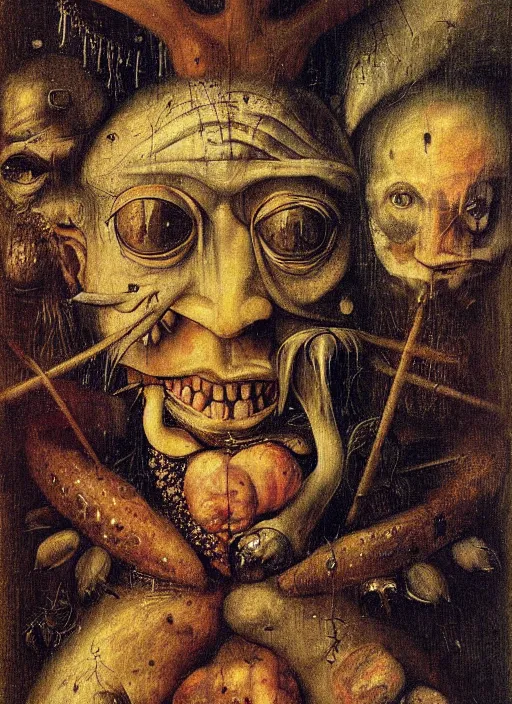 Prompt: a surreal painting of a shaman's face, by Giuseppe Arcimboldo, hieronymus bosch, symbolist, soft colors, dramatic lighting, smooth, sharp focus, extremely detailed, aesthetically pleasing composition
