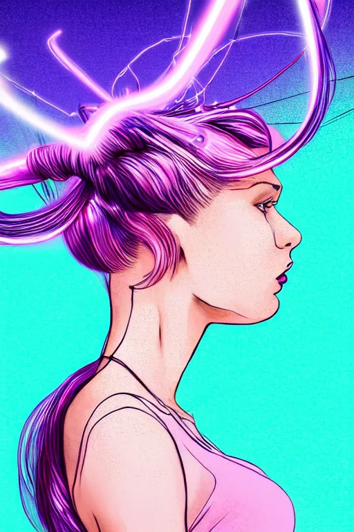 Image similar to a award winning half body portrait of a beautiful woman in a croptop and cargo pants with ombre purple pink teal hairstyle with head in motion and hair flying, surrounded by whirling illuminated lines, outrun, vaporware, shaded flat illustration, digital art, trending on artstation, highly detailed, fine detail, intricate