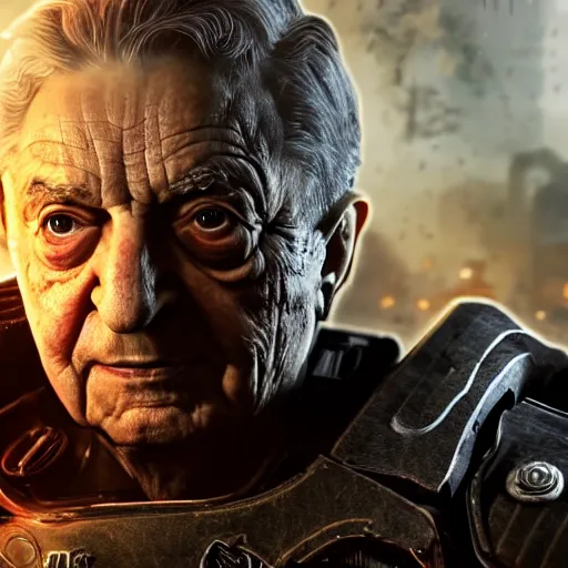 Image similar to george soros in gears of war, splash art, movie still, cinematic lighting, dramatic, octane render, long lens, shallow depth of field, bokeh, anamorphic lens flare, 8 k, hyper detailed, 3 5 mm film grain