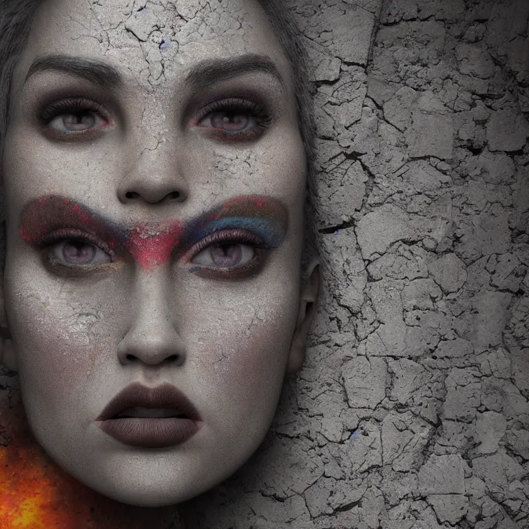 Image similar to wide angle octane render by wayne barlow and carlo crivelli and glenn fabry, the face of a woman with dramatic colorful shimmering makeup breaking through the cement wall of a brutalist government building, cinema 4 d, ray traced lighting, very short depth of field, bokeh