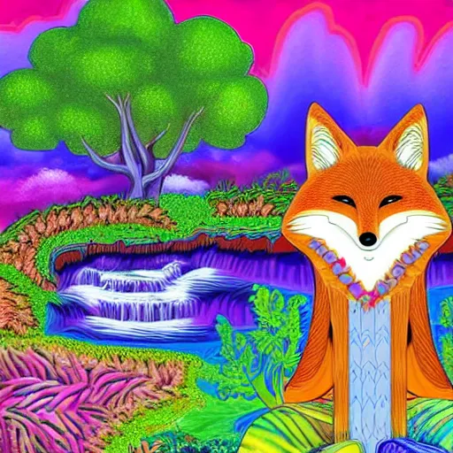 Image similar to an anthromorphic fox man meditating in a garden with a waterfall and clouds, by Lisa Frank in a psychedelic style, digital art