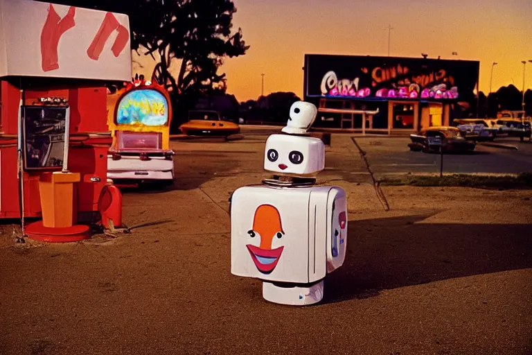 Image similar to robot clown relaxing at a california drive in, in 1 9 7 2, cutecore clowncore, bathed in the the glow of the sunset, low - light photograph, in style of tyler mitchell