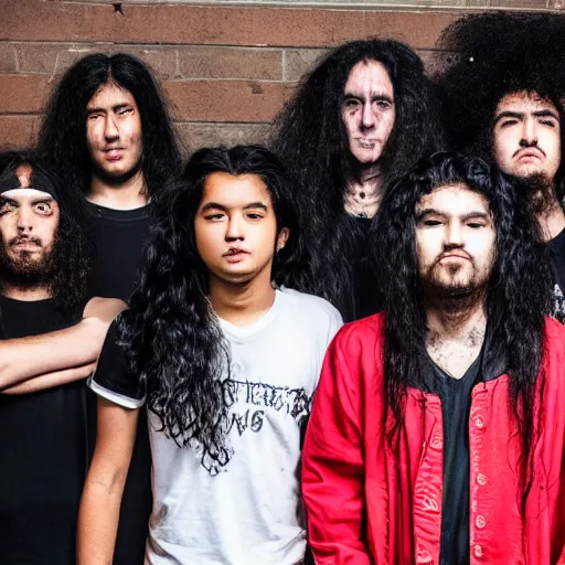 Image similar to group of ethnically diverse 19-year-old boys and girls with long permed wavy hair, stoner rock, traditional heavy metal, heavy rock, band promo image, 2022 HD photograph