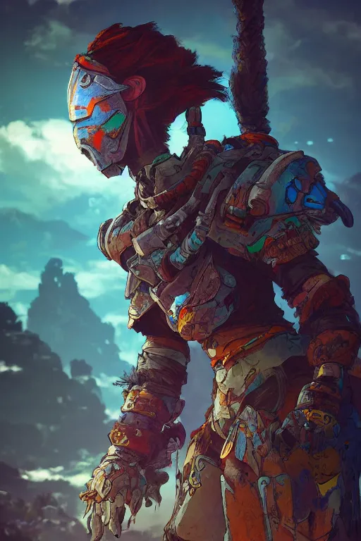 Image similar to combination suit armor aloy horizon forbidden west horizon zero dawn radiating a glowing aura global illumination ray tracing hdr fanart arstation by ian pesty and alena aenami artworks in 4 k tribal robot ninja mask helmet backpack