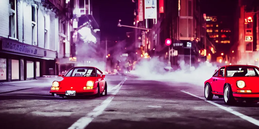 Image similar to Lone 80s red Porsche sports car doing a burnout on a deserted city street at night time, purple lighted street, wide angle, cinematic, hard focus, retro-wave vibes, grainy, soft motion blur, VHS Screencap