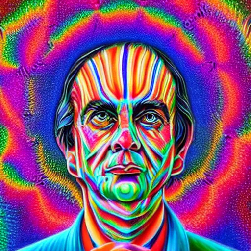 Prompt: alex grey style detailed photorealism portrait painting of carl sagan wearing a hawaiian shirt, background showing an oasis in the desert. colourful psychedelic dripping motif with bright transcendental fractal mandala bordering.