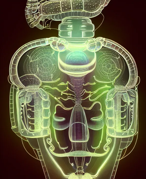 Image similar to intricate opulent transparent clear see - through portrait of handsome masculine isopod man, fractal, neon lights, circuitry, dense machinery environment, ultra realistic, concept art, pop art, photorealistic, octane render, 8 k, unreal engine. art by nori inoguchi and sam kaplan and zachary goulko and christopher marley and artgerm and alphonse mucha