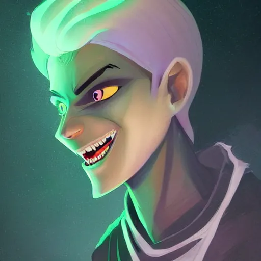 Prompt: A digital matte intricate illustration concept art of young Danny phantom with snow white hair and glowing green eyes and pointy sharp canine fangs bearing teeth alt art fashion inspired art by Charlie Bowater and WLOP and Mark Arian and Ross Tran + neon colors, symmetry , intricate complexity, epic composition, magical atmosphere, highly detailed, cinematic lighting + masterpiece, trending on artstation + 8k