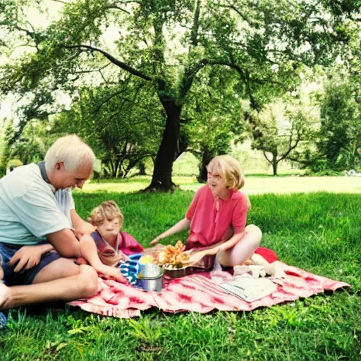 Image similar to A family having a picnic in park from the perspective of an ant on the table - 35mm