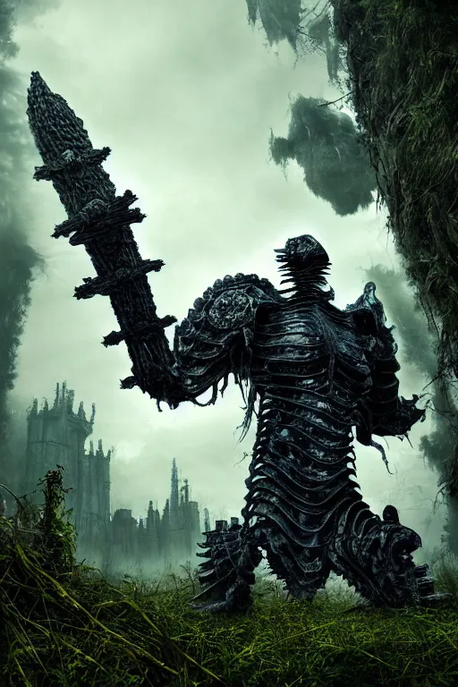 Prompt: post - gothic giant creepy chimera, exoskeleton armor, holding katana, dystopian ruins covered in vegetation, highly detailed smooth digital art masterpiece, vitaly bulgarov giger dramatic dark blue light, ground angle hd 8 k, sharp focus