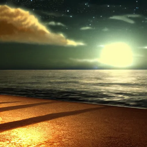 Prompt: quiet sea under moonlight, in anime movie style