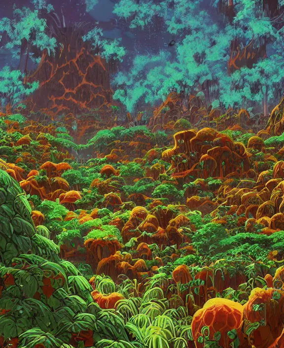 Image similar to simplicity, an simple structure made out of exotic fungus, overgrown with lush floral jungle, partly cloudy, hellscape, hell, fire, brimstone, lava, by dan mumford, yusuke murata, makoto shinkai, ross tran, cinematic, unreal engine, cel shaded, featured on artstation, pixiv