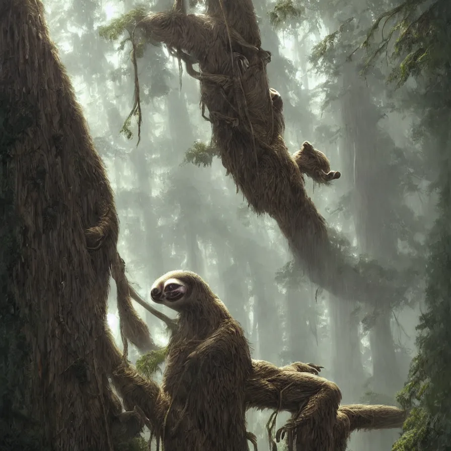 Image similar to colossal sloth hanging from a giant redwood tree, high detail, dramatic light, digital art, painted by greg rutkowski, painted by seb mckinnon, trending on artstation