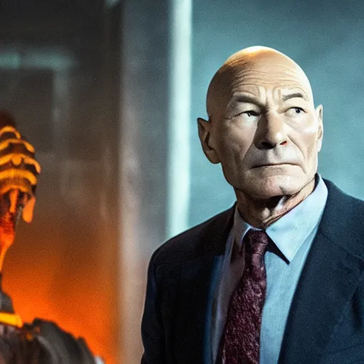 Prompt: film still, patrick stewart facing down against an obviously cheap cgi monster in a new netflix action sci - fi movie, wide shot