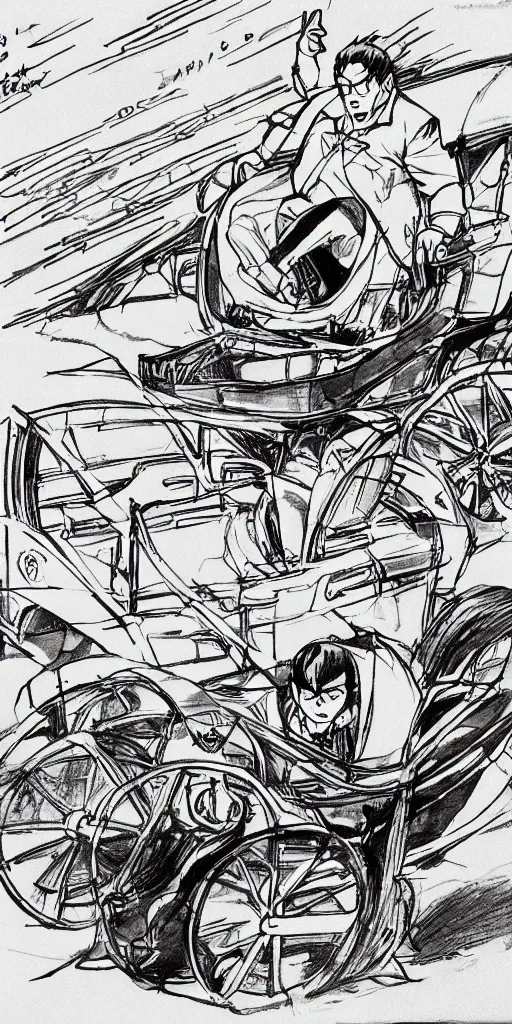 Prompt: a man in a chariot in tokyo, driving fast, drawn like the anime speed racer