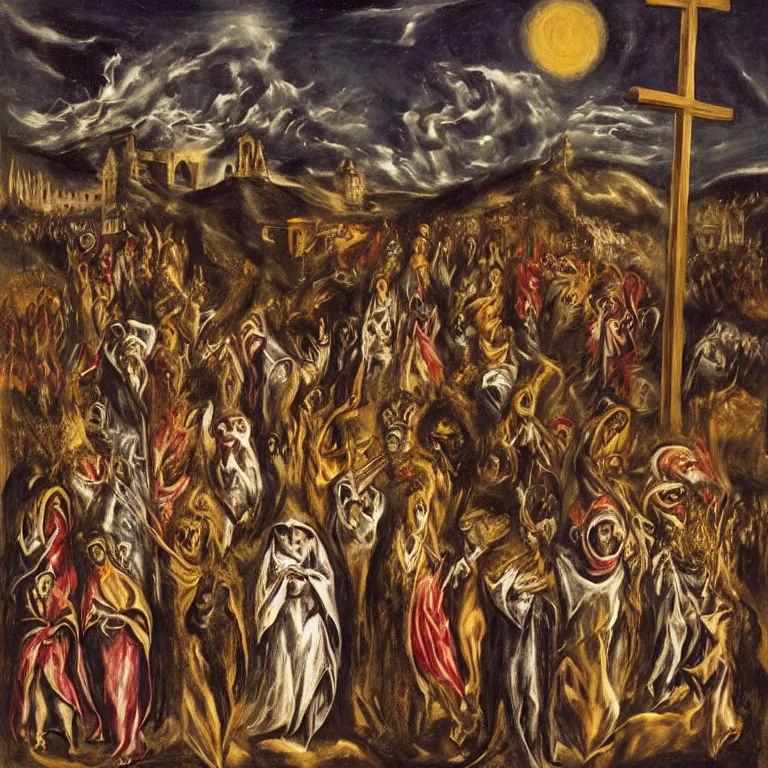 Image similar to A Holy Week procession of souls in a lush Spanish village at night. A figure at the front holds a cross, trending on artstation, highly detailed, 50mm, by El Greco, Remedios Varo y Salvador Dali.