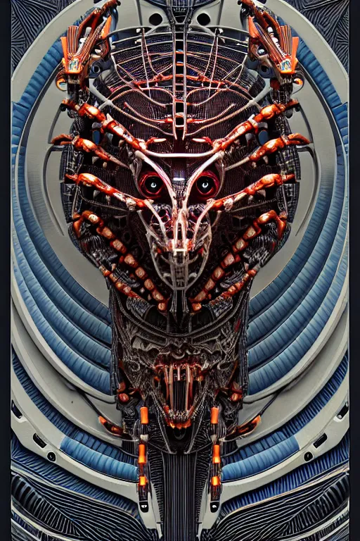 Image similar to a centered uncut fullbody frontview portrait of a robotic predator headed biomechanical creature by clogtwo and subjekt zero feat paul lewin and ø - cult. intricate detailed sharp clean textured very ornated. indian style tapestry design. hd. 4 k. lowbrow color palette