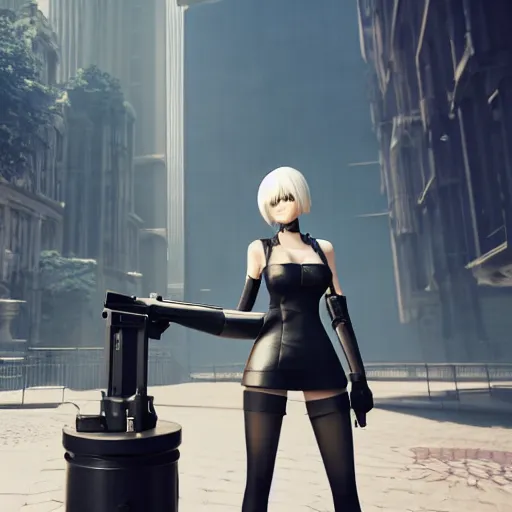 Image similar to 2 b nier automata standing in front of a tall building holding a gun, 3 d render, unreal engine, octane render, ray tracing, unity, highly detailed, high quality, hd, 4 k, 8 k, realistic, sharp, trending