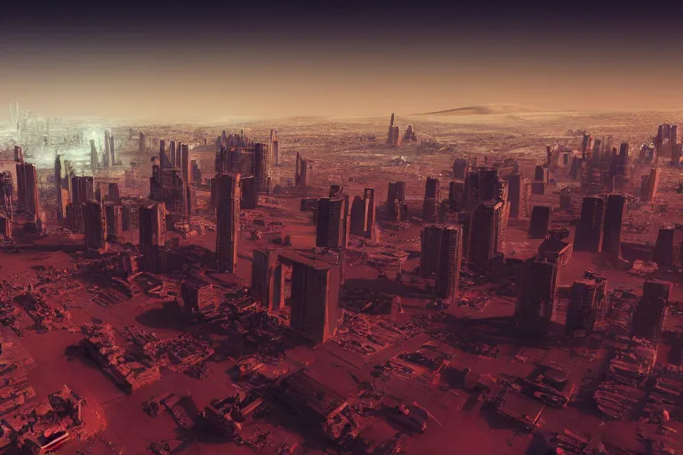 Image similar to cityscape of a city on Mars, futuristic, cinematic lighting