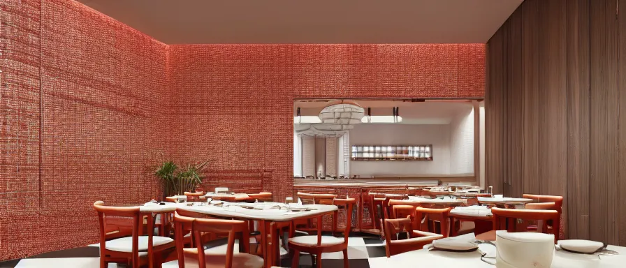 Prompt: a beautiful simple interior render of roasted string hotpot restaurant restaurant yan'an, wall corner, from china, red paper wall and white tile floor, rectangle white porcelain table, fine simple delicate structure, chinese style, simple composition, simple style structure decoration design, victo ngai, 4 k hd